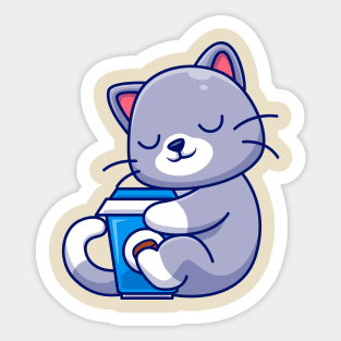 Cute Cat Hug Coffee Cup Cartoon Sticker